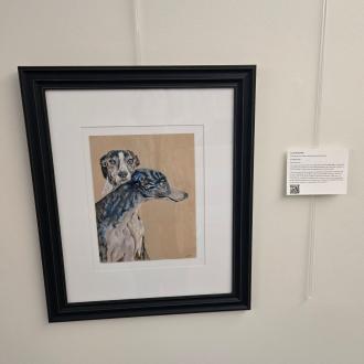 Colored pencils artwork featuring two greyhounds.