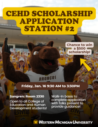 Buster Bronco in the stands of Waldo Stadium with WMU students cheering behind them. 