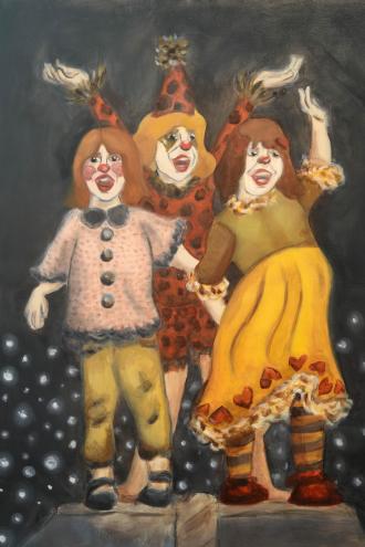 A painting of three clowns.
