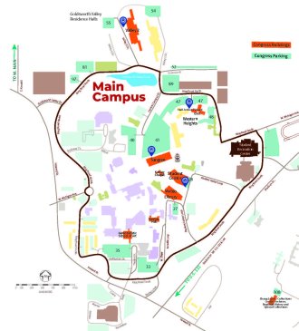 Map of main campus depicting ICMS buildings and shuttle stops.