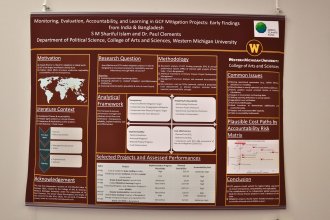 Poster titled "Monitoring, Evaluation, Accountability, and Learning in GCF Mitigation Projects: Early Findings from India & Bangladesh."