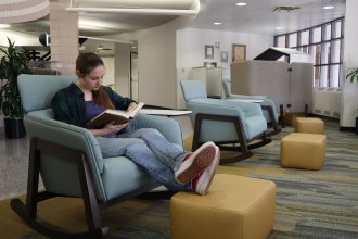 The newly-refreshed alcove in Waldo Library’s second floor rotunda offers great views, natural light and inviting furniture options. 