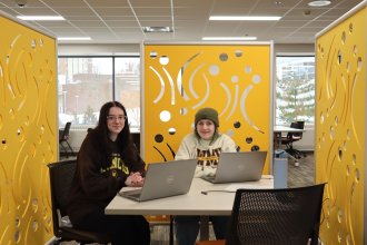 Student with undergraduate library research consultant at Waldo Library.