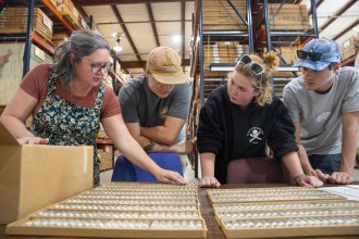 Dr. Autumn Haagsma identifies various rock and gravel samples on a table.