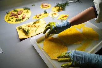Gloved hands flatten out a paper painted with organic material in a lab.