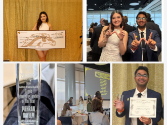 A collage of photos of Jennifer Nguyen and Mehran Nayeem with their Golden Broncos awards, receiving the awards, and the award plaques.