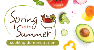 Spring into Summer event graphic depicting fresh summer vegetables on a white background.
