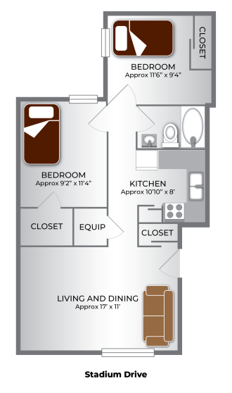 Diagram of a two-bedroom apartment at our Stadium Drive apartment complex.