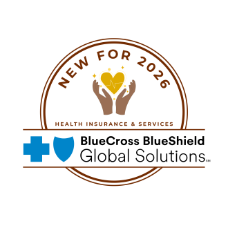 Decorative: Hands holding heart. Text: New in 2026. Logo: Blue Cross Blue Shield Global Solutions.