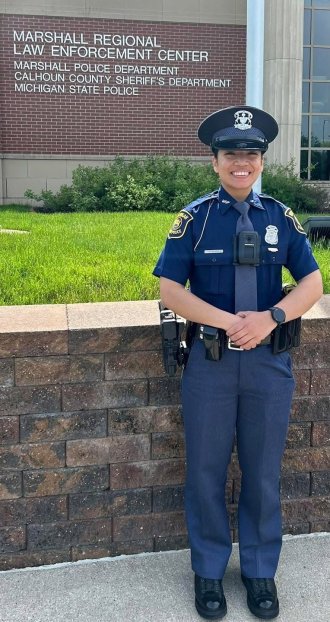 Trooper Jackie Chavarria stands in front of the Marshall MSP post.