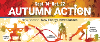 Leaves in the background with the words Autumn Action over them with three different silhouettes of people working out