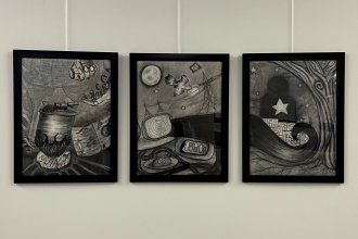 Charcoal on newsprint art titled "Commuity Pilars."