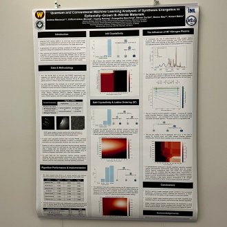 Research poster titled "Quantum and Conventional Machine Learning Analyses of Synthesis Energetics in Epitaxially–Grown III–Nitride Materials."