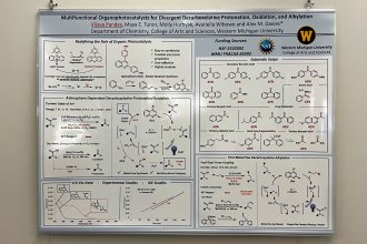 Research poster titled "Multifunctional Organophotocatalysts for Divergent Decarboxylative Protonation, Oxidation, and Alkylation."