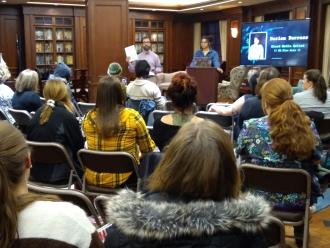 Darien Burress presenting an artist talk in Meader Room at Waldo Library.