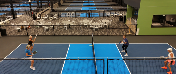 Arial of ladies playing pickleball at the Latitude 42 Pickleball Complex