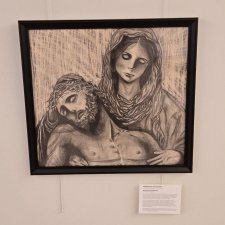 Charcoal on newsprint art titled "Held by His Mother."