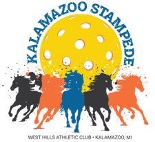 Grey, orange, blue and black horses running in a stampede in front of a yellow pickleball