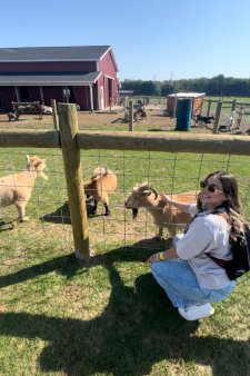 Daniela Padilla pets goats at Gull Meadow Farms